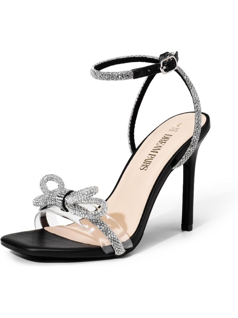 Women's Black Double Bowknots Heels Sandals High Heeled Open Square Toe Shoes